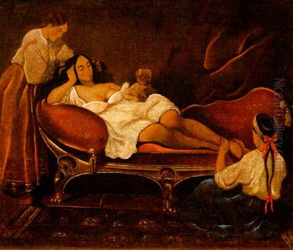 Reclining Maiden With Female Attendants And Dog Oil Painting by Fedor Petrovich Tolstoy