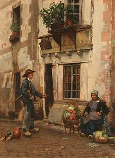 Street Scene With A Greengrocer And A Lumberjack Oil Painting by Jan Bedijs Tom