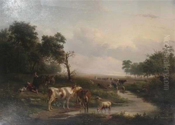 Cattle And Sheep Watering In An Extensive Landscape Oil Painting by Jan Bedijs Tom