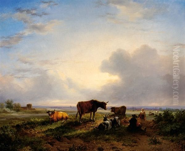 Cattle In A Meadow Oil Painting by Jan Bedijs Tom