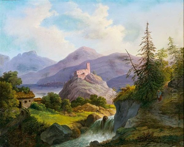 Osterreichische Gebirgslandschaft Mit Burg Und Kirchdorf Am Ufer Eines Sees, Im Vordergrund Wildbach Oil Painting by Matthias Rudolf Toma