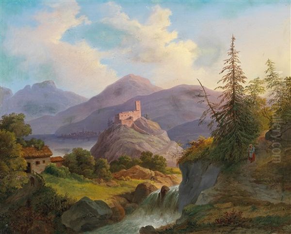 Landscape With Mountain Torrent And Castle In The Distance Oil Painting by Matthias Rudolf Toma