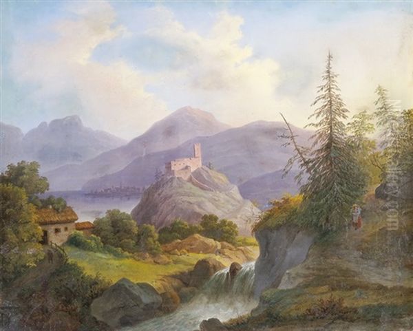 Flusslandschaft Mit Burg Und Stadtchen In Der Ferne Oil Painting by Matthias Rudolf Toma