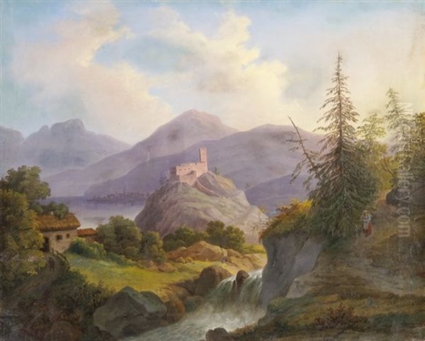 Flusslandschaft Mit Burg Und Stadtchen In Der Ferne Oil Painting by Matthias Rudolf Toma