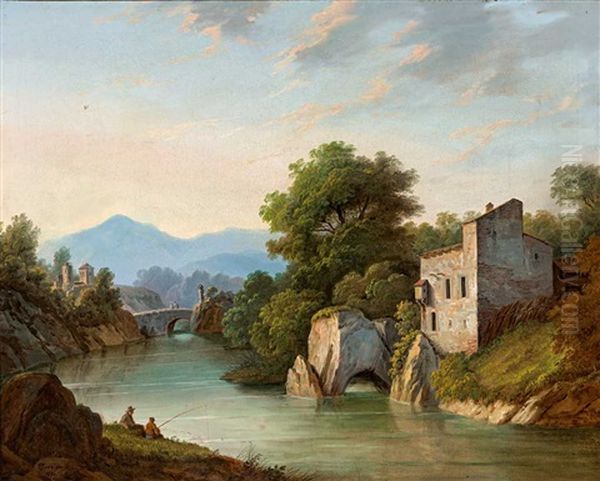 Romantische Flusslandschaft Mit Architekturansicht Und Hugeligem Horizont An Einem Sommerabend Oil Painting by Matthias Rudolf Toma