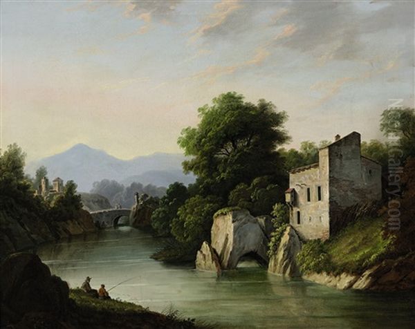 Flusslandschaft Mit Steinbrucke Und Anglern Oil Painting by Matthias Rudolf Toma