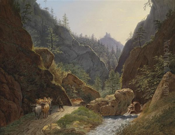 Bauer Mit Einem Ochsengespann Bei Schottwien Mit Blick Auf Die Ruine Klamm Oil Painting by Matthias Rudolf Toma