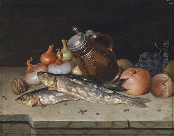 Stillleben Mit Obst, Zwiebel Und Fischen Oil Painting by Matthias Rudolf Toma