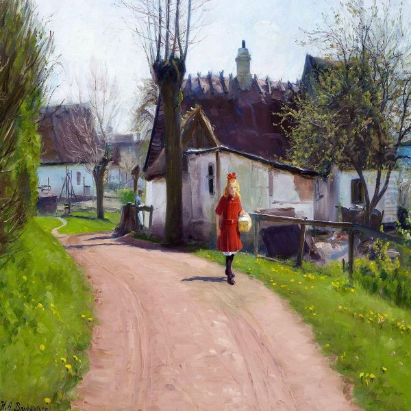 An Early Spring Day In The Village With A Little Girl In A Red Dress With Her Packed Lunch Oil Painting by H. A. Brendekilde