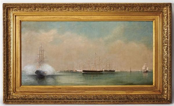 Chegada Ao Tejo Da Armada Italiana Com A Rainha Dona Maria Pia Oil Painting by Luis Ascensio Tomasini