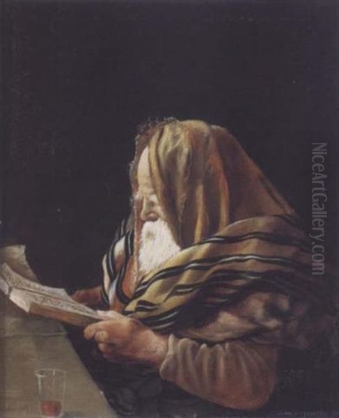 A Rabbi Praying Oil Painting by Julian Boncza Tomaszewski