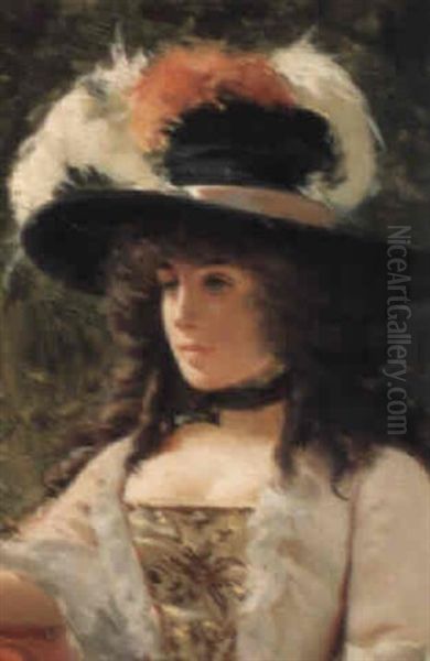 A Woman With A Feathered Hat Oil Painting by Casimiro Tomba