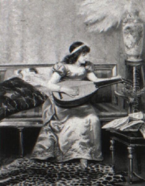 Young Woman Tuning A Mandolin Oil Painting by Casimiro Tomba