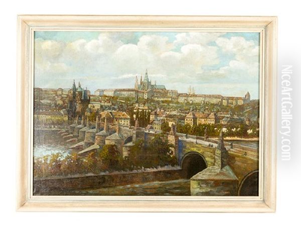 Prague With Few Of The Charles Bridge And The Hradschin Oil Painting by Heinrich Tomec