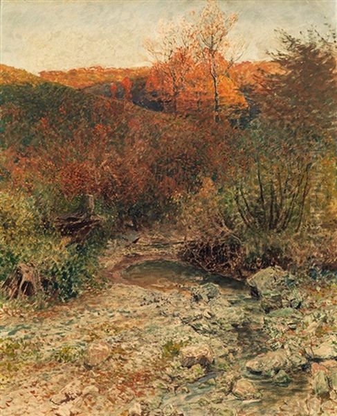 Autumn Woodland Scenery With A Stream Oil Painting by Heinrich Tomec