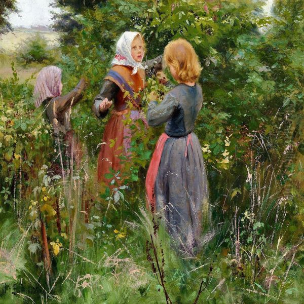 Three Little Girls Picking Blackberries Oil Painting by Hans Anderson Brendekilde