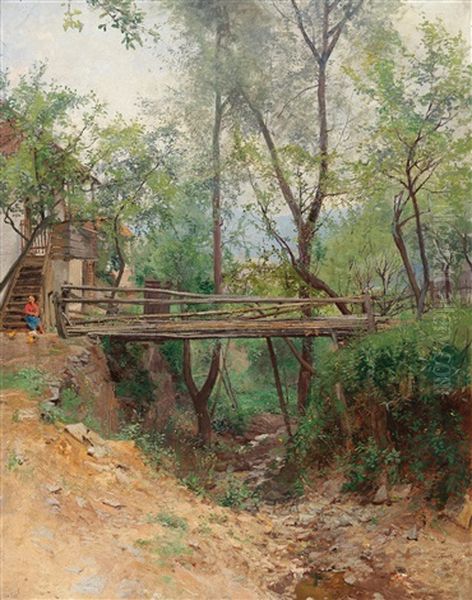 A Wooden Bridge Oil Painting by Heinrich Tomec