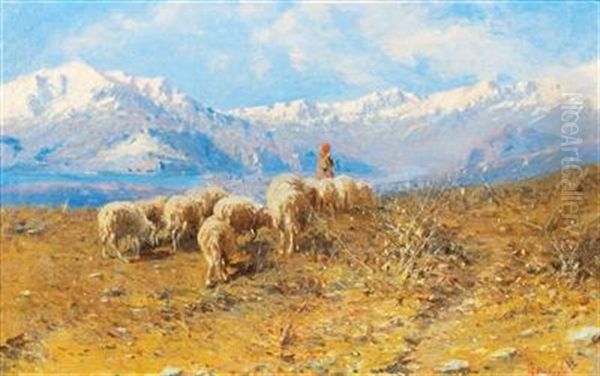 Sheep Shepherdess By Lake Maggiore Oil Painting by Achille Tominetti