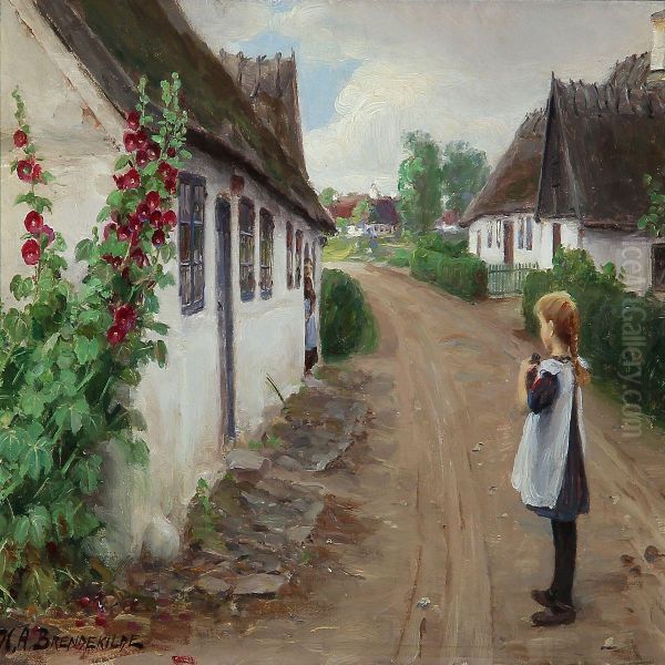 Summer Idyll In A Village With A Girl Standing In The Middel Of A Road Oil Painting by Hans Anderson Brendekilde