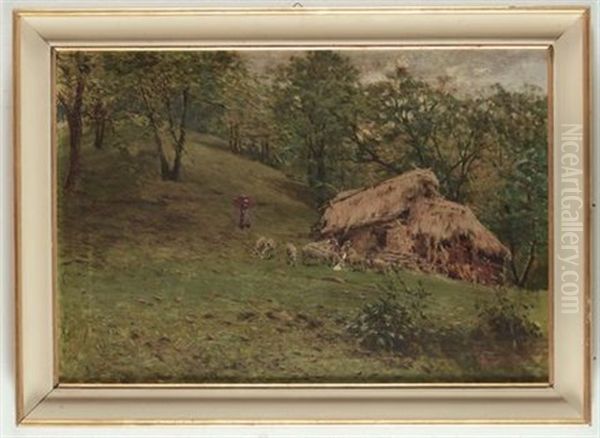 Paesaggio Campestre Con Pecore E Figure by Achille Tominetti