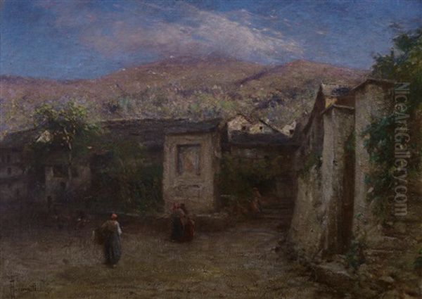 Scorcio Montano Con Figure Oil Painting by Achille Tominetti