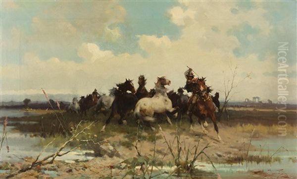 Zusammentreiben Wilder Pferde Oil Painting by Alfredo Tominz