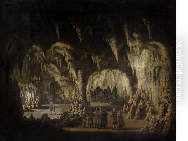 Tourists Visiting A Limestone Cave, Most Likely Showing Kent's Cavern, Torquay Oil Painting by William Tomkins