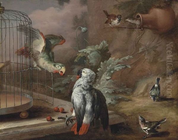 A Grey Parrot And An Amazon Parrot With Cherries By A Cage On A Marble Ledge, With Sparrows And Other Songbirds In A Landscape Oil Painting by William Tomkins