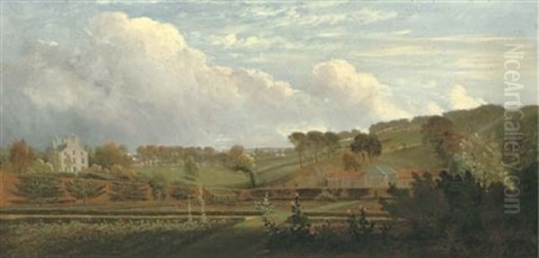 A Kitchen Garden, A House And Outbuildings Beyond (in Hampstead?) Oil Painting by William Tomkins