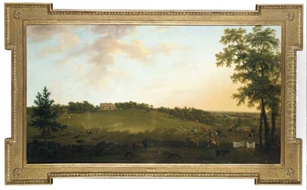 View Of Boldreview Lodge With A Hunting Party, Cattle, Horses, Deer And Other Figures In The Foreground, The New Forest Beyond Oil Painting by William Tomkins