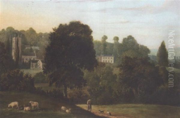 Landscape With Church, Bere Regis (?), Dorset Oil Painting by William Tomkins