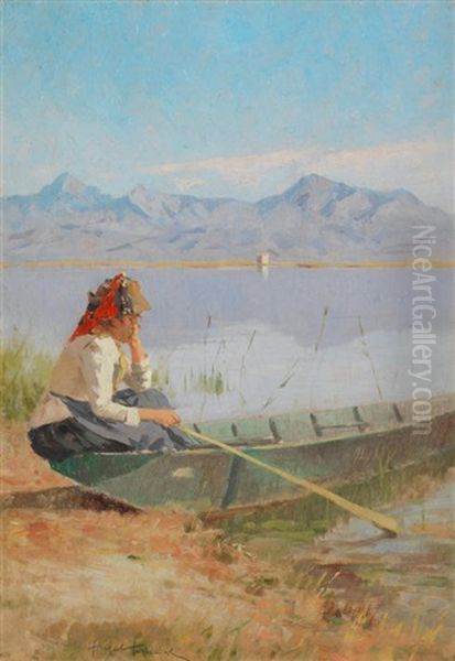 Beside The Lake Oil Painting by Angiolo Tommasi