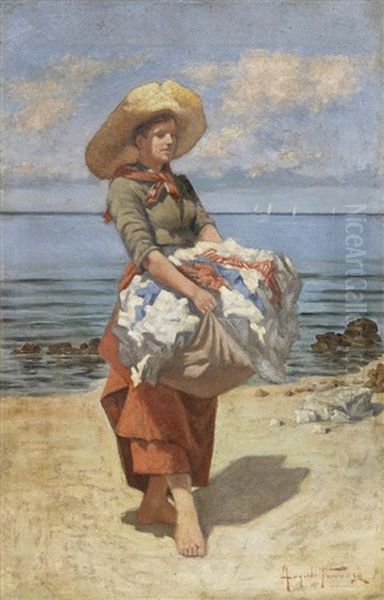 Lavandaia In Riva Al Mare Oil Painting by Angiolo Tommasi