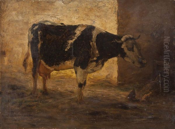 Kuh Mit Federvieh Im Stall Oil Painting by Albert Heinrich Brendel