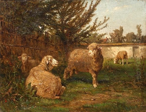 Sheep In A Shady Field Corner Oil Painting by Albert Heinrich Brendel