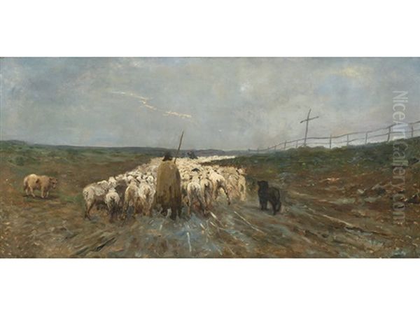 Vast Landscape With Shepherd And Herding Dog Following Flock Of Sheep Along Path Oil Painting by Publio de Tommasi