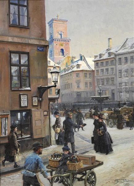 Street Life On Gammeltorv, Copenhagen Oil Painting by Peter Tom-Petersen