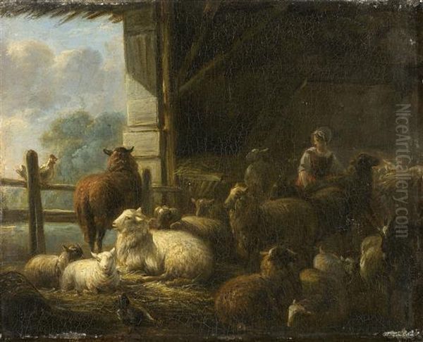 Sheep In The Barn Oil Painting by Albert Heinrich Brendel