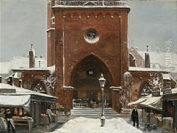 View From Copenhagen With The Butchers' Market Stalls In Front Of St. Nicolas' Church Oil Painting by Peter Tom-Petersen