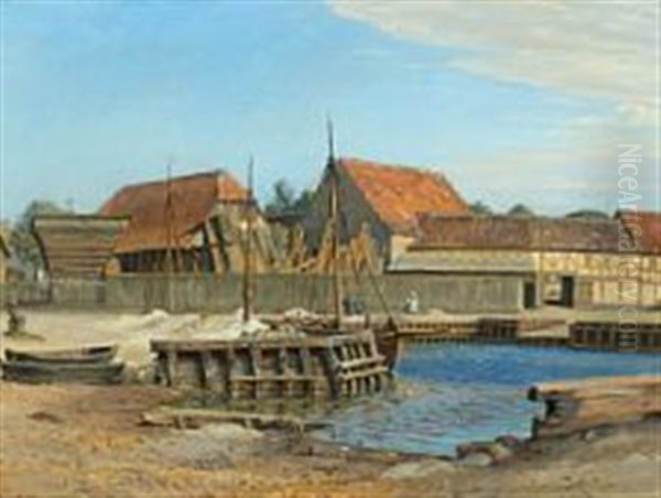 Tomrerhandlere Ved Havnen I Faaborg Oil Painting by Peter Tom-Petersen