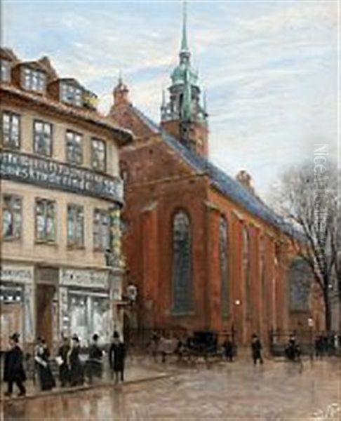 Helligaandskirken Seen From Amagertorv, Copenhagen Oil Painting by Peter Tom-Petersen