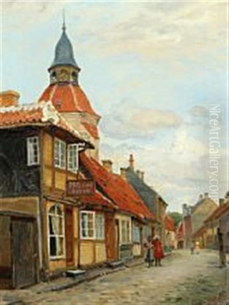 Townscape From Faborg With Playing Children Oil Painting by Peter Tom-Petersen