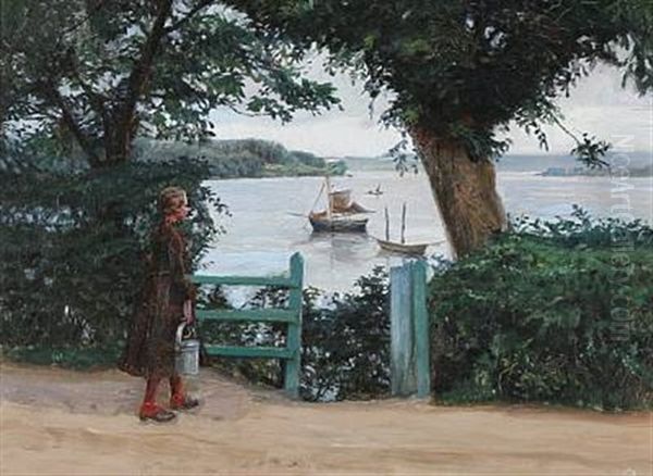 View From Svendborg Sound With A Girl Overlooking The Sea Oil Painting by Peter Tom-Petersen