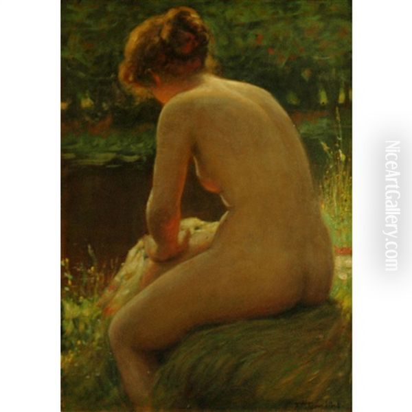 Female Nude At The Water's Edge Oil Painting by Frank Hector Tompkins