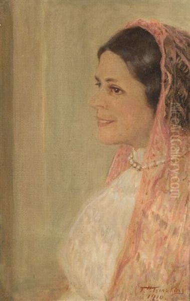 The Pink Shawl - Portrait Of Elizabeth Borden Hewitt Oil Painting by Frank Hector Tompkins