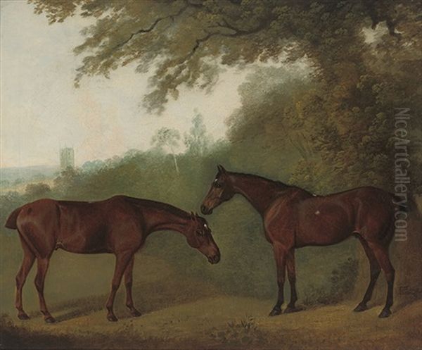 'printer' And 'simon,' Two Chestnut Hunters In A Landscape Oil Painting by Clifton Tomson