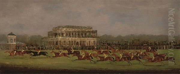 Panoramic View Of British Horse Racing, The Race For The St. Leger Stakes, Doncaster 1829 Oil Painting by Clifton Tomson