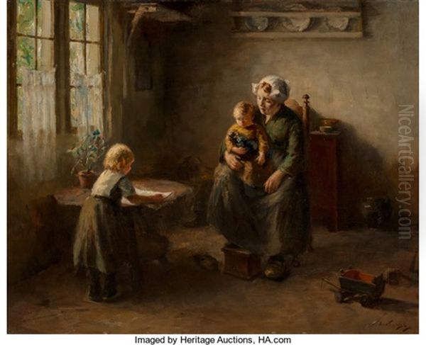 Sunlit Interior With Mother And Children Oil Painting by Lammert Van Der Tonge