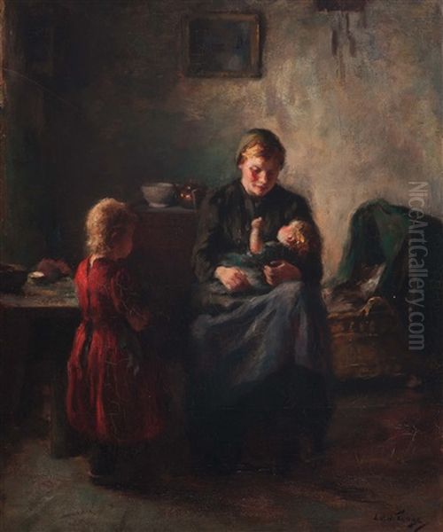 Mother With Two Children In An Interior Oil Painting by Lammert Van Der Tonge