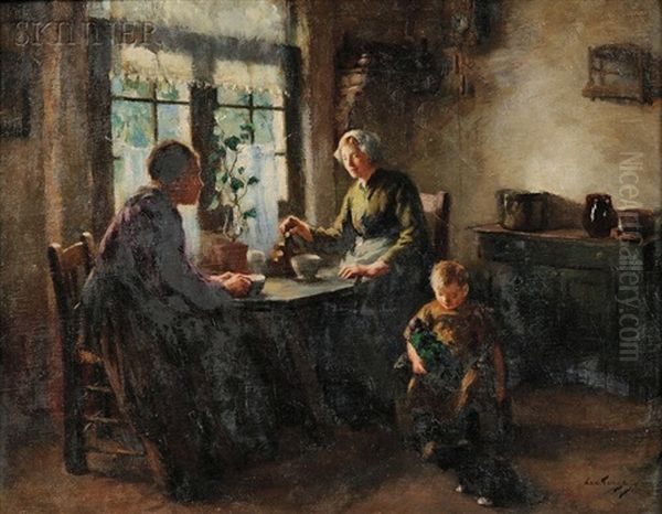 Cottage Interior With Women At Tea Oil Painting by Lammert Van Der Tonge